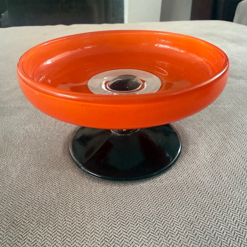 Orange Black Glass Pedestal Candle Holder Footed Bowl Vintage Style 5.5"